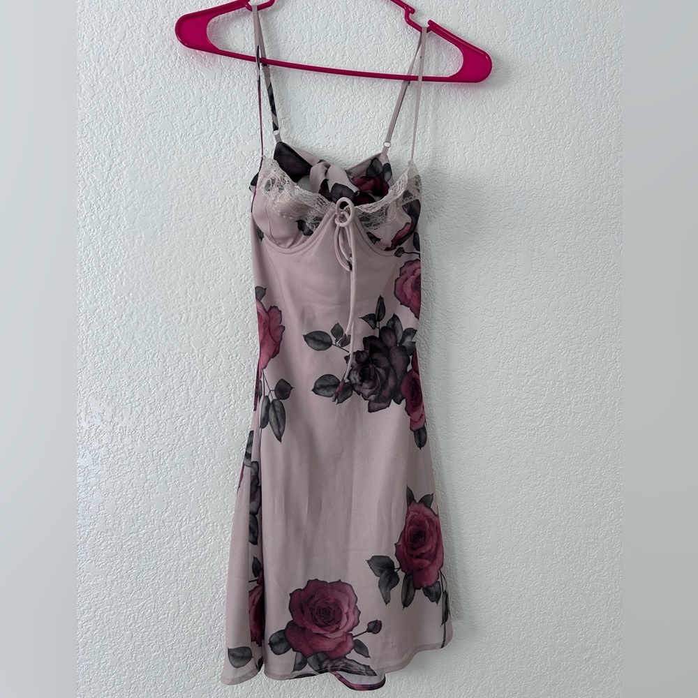 rose floral beige mini dress, open back that ties (with zipper on the side)